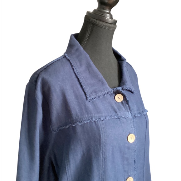 Charlie Paige Raw Edge Linen Bomber Jacket, Navy, Large - Picture 2 of 8